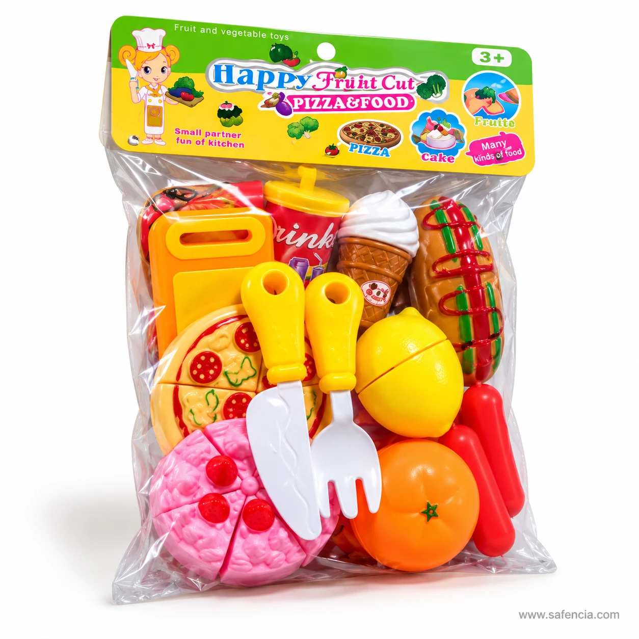 Pizza and hot dog cutting toy set packed in a clear bag with a printed header card marked 3+