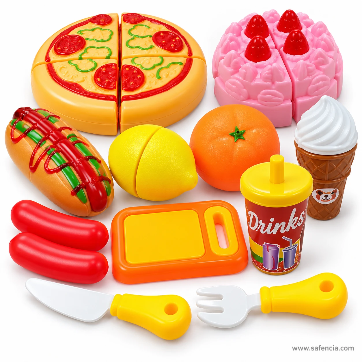 Toy pizza and strawberry cake cut into velcro slices beside a hot dog, lemon, orange, drink cup and ice cream cone