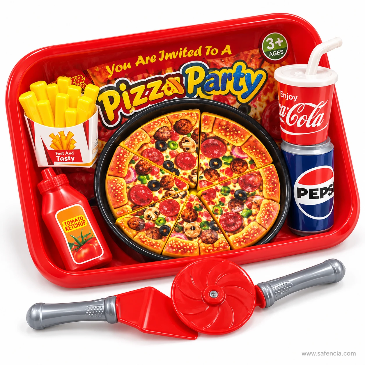 Pizza Party toy set tray seen at an angle with the pizza cutter wheel and pizza server lying in front