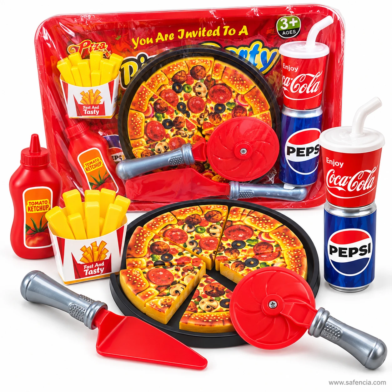 Pizza Party toy pizza with a slice lifted, fries, ketchup, drink cup and soda can in front of the tray