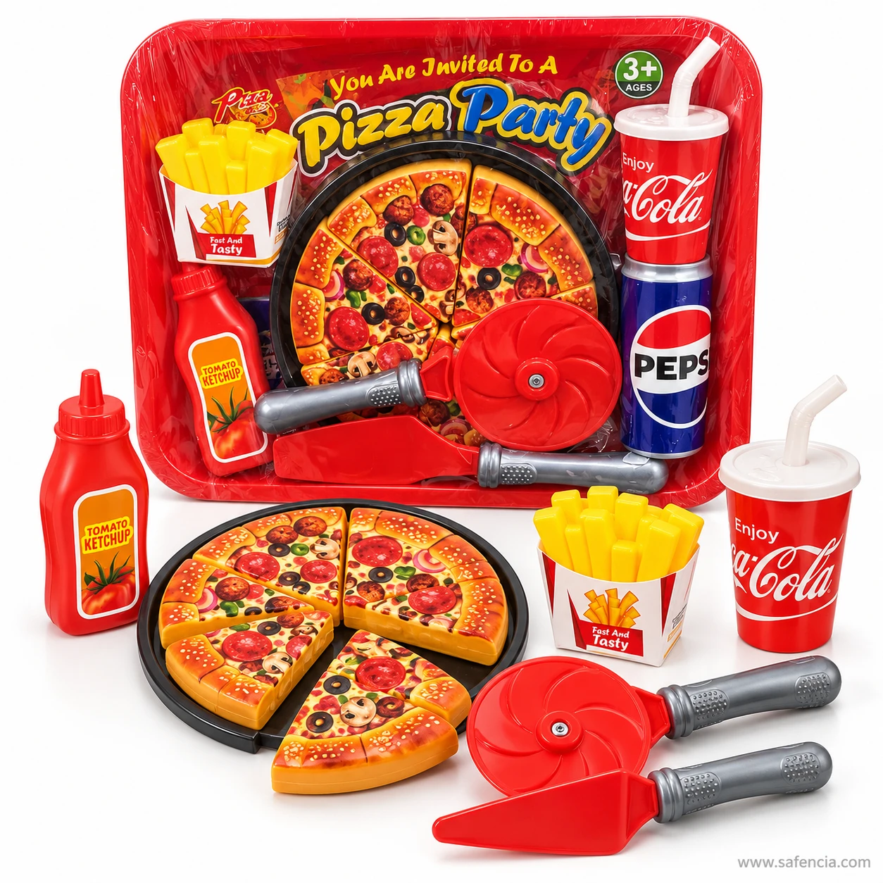 Toy pizza with one velcro slice cut out beside the pizza cutter wheel and server, in front of the Pizza Party tray