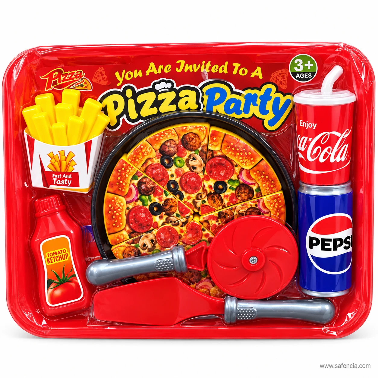 Front of the Pizza Party toy set tray printed You Are Invited To A Pizza Party, marked ages 3 and up