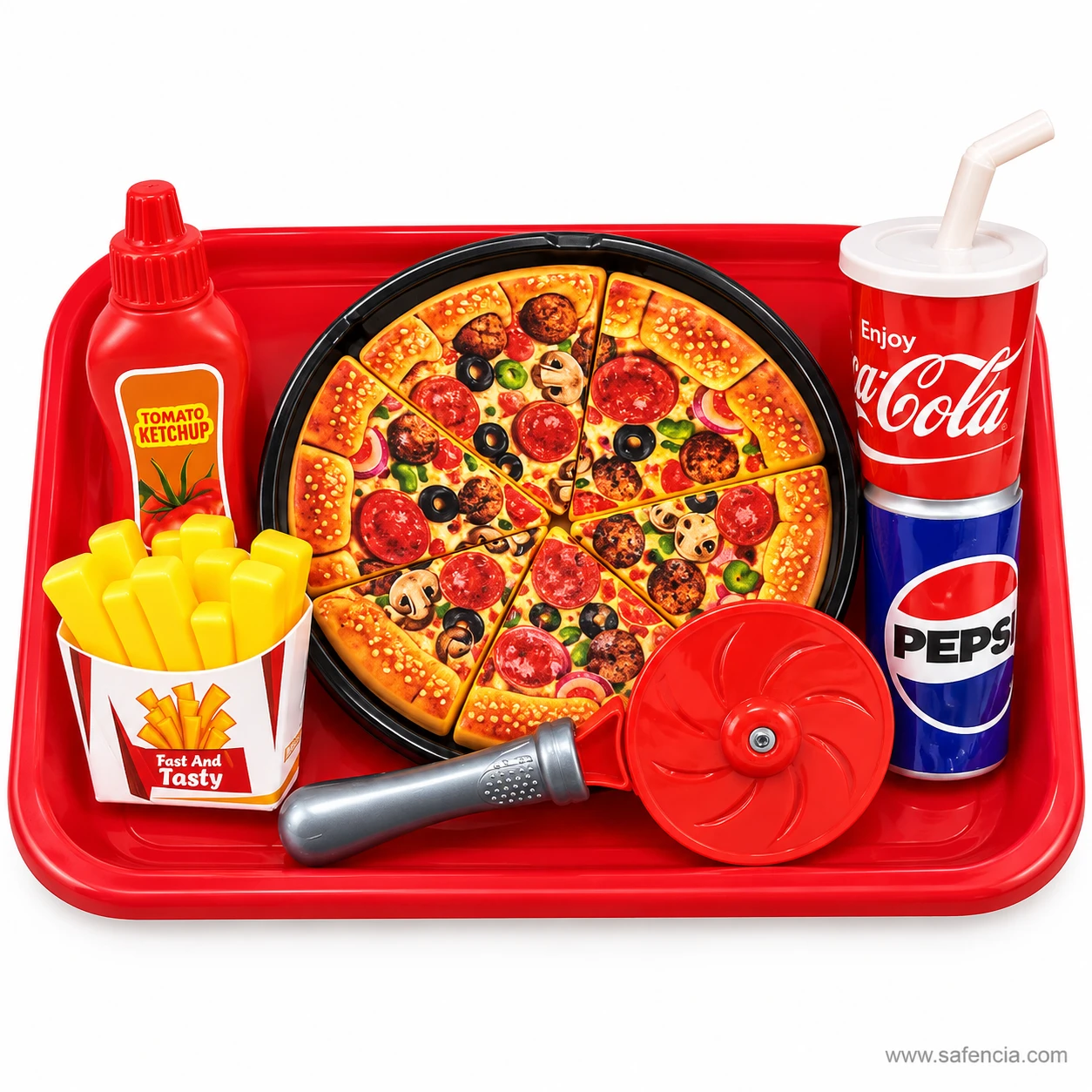 Unwrapped Pizza Party tray holding the pizza, fries, ketchup bottle, pizza cutter wheel, drink cup and soda can