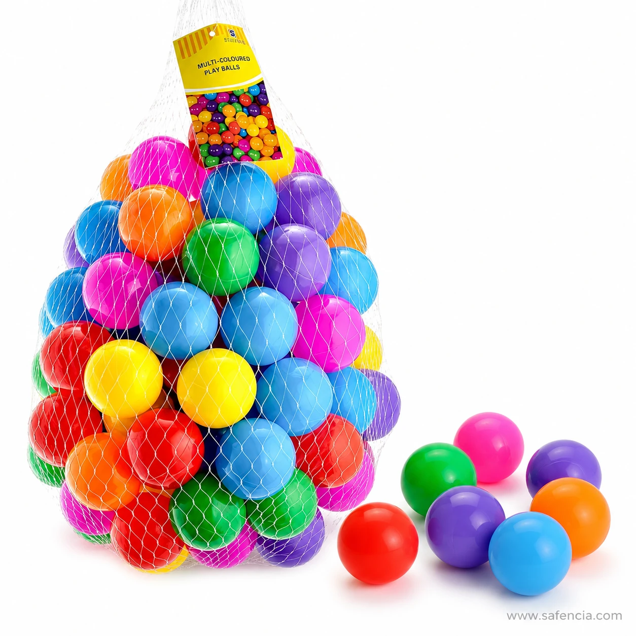 Multicolor soft plastic play balls showing individual red, green, pink, purple, orange, and blue balls