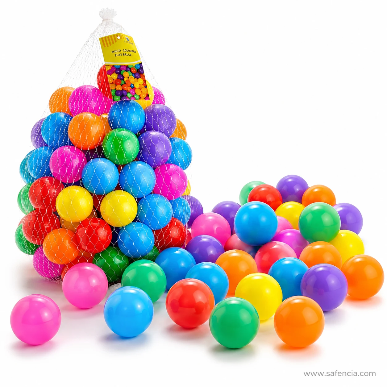 Large batch of smooth crush-proof soft plastic play balls overflowing from reusable net sack