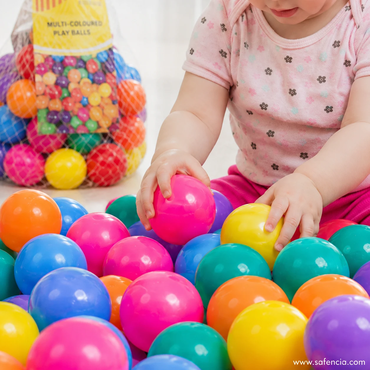 Child toddler hands holding and sorting bright pink and yellow soft plastic play balls