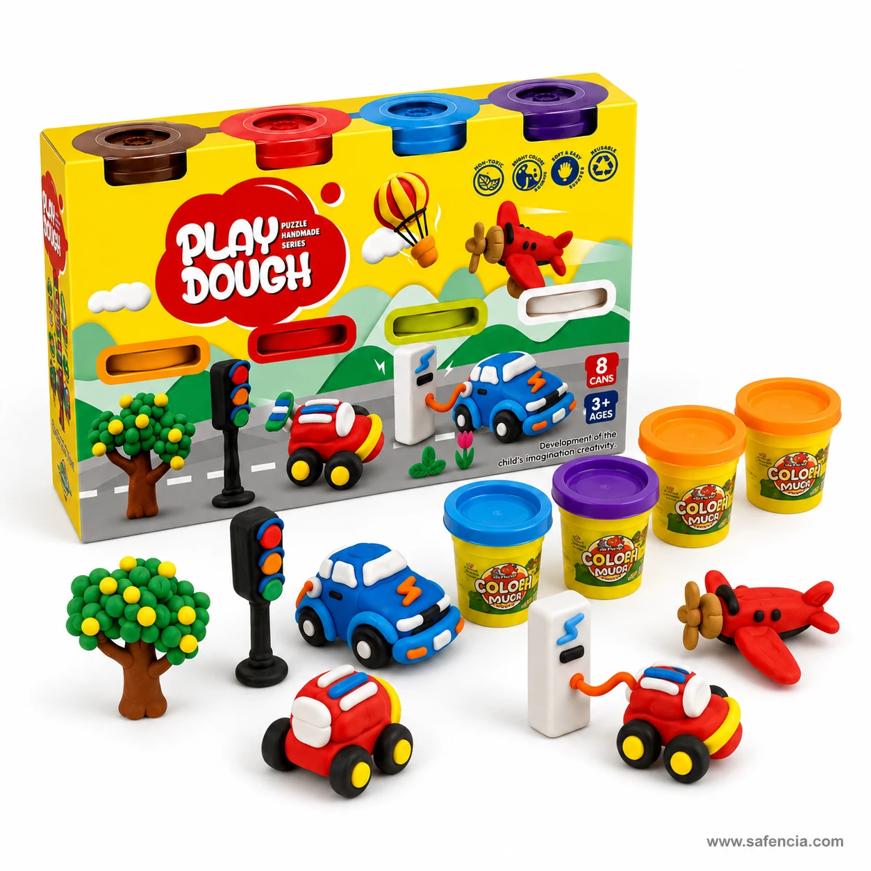 Printed play dough carton marked 8 cans and 3 plus ages with modelled cars, tree and traffic light