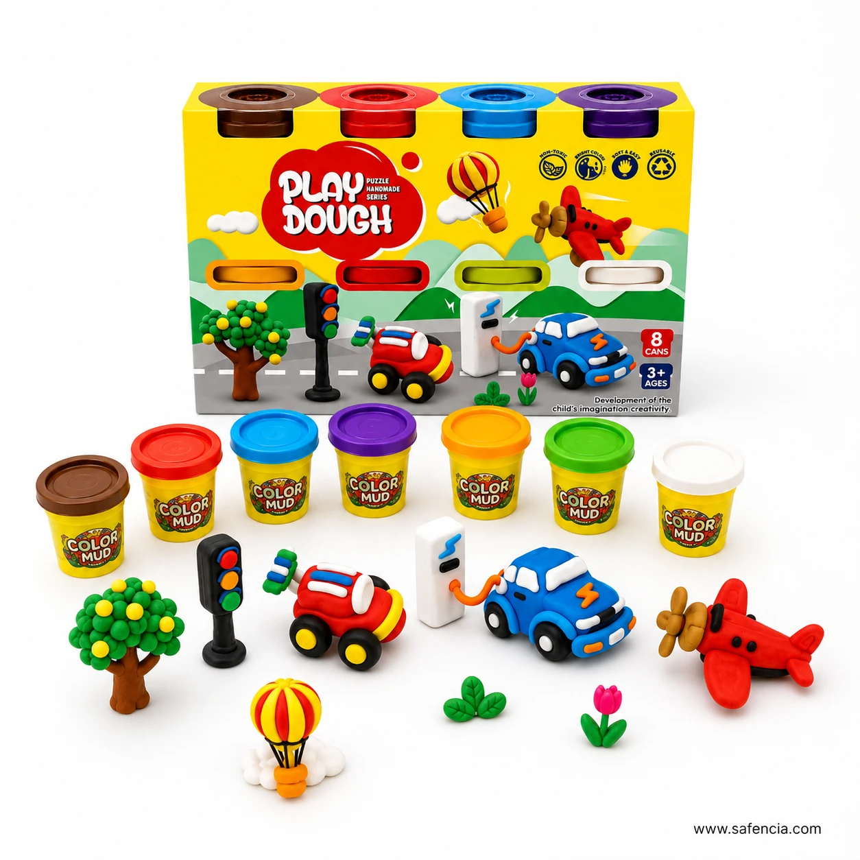 Eight play dough tubs showing brown, red, blue, purple, orange, green, white and yellow lids