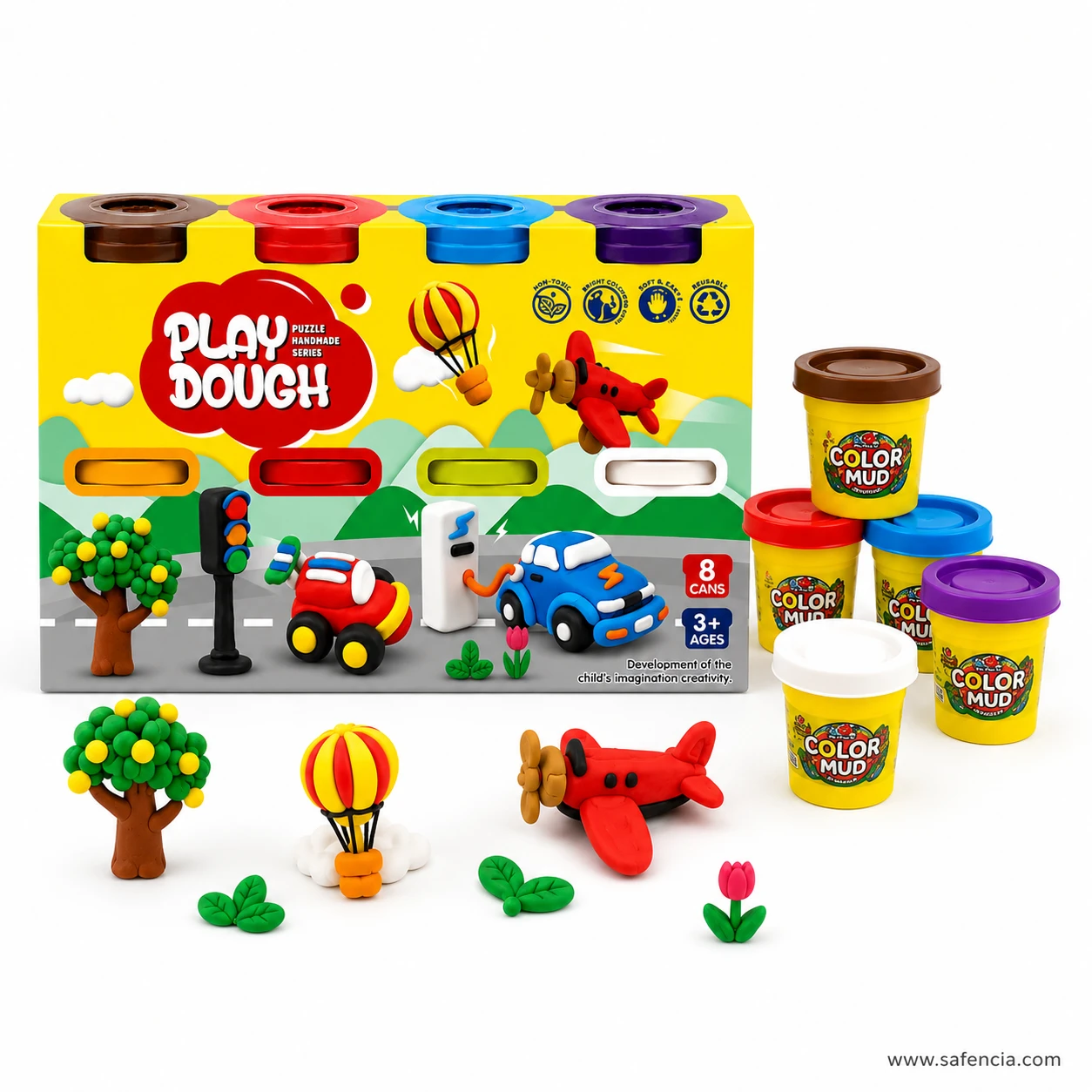 Play dough tubs grouped beside the box artwork with a modelled tree, balloon, aeroplane and tulip