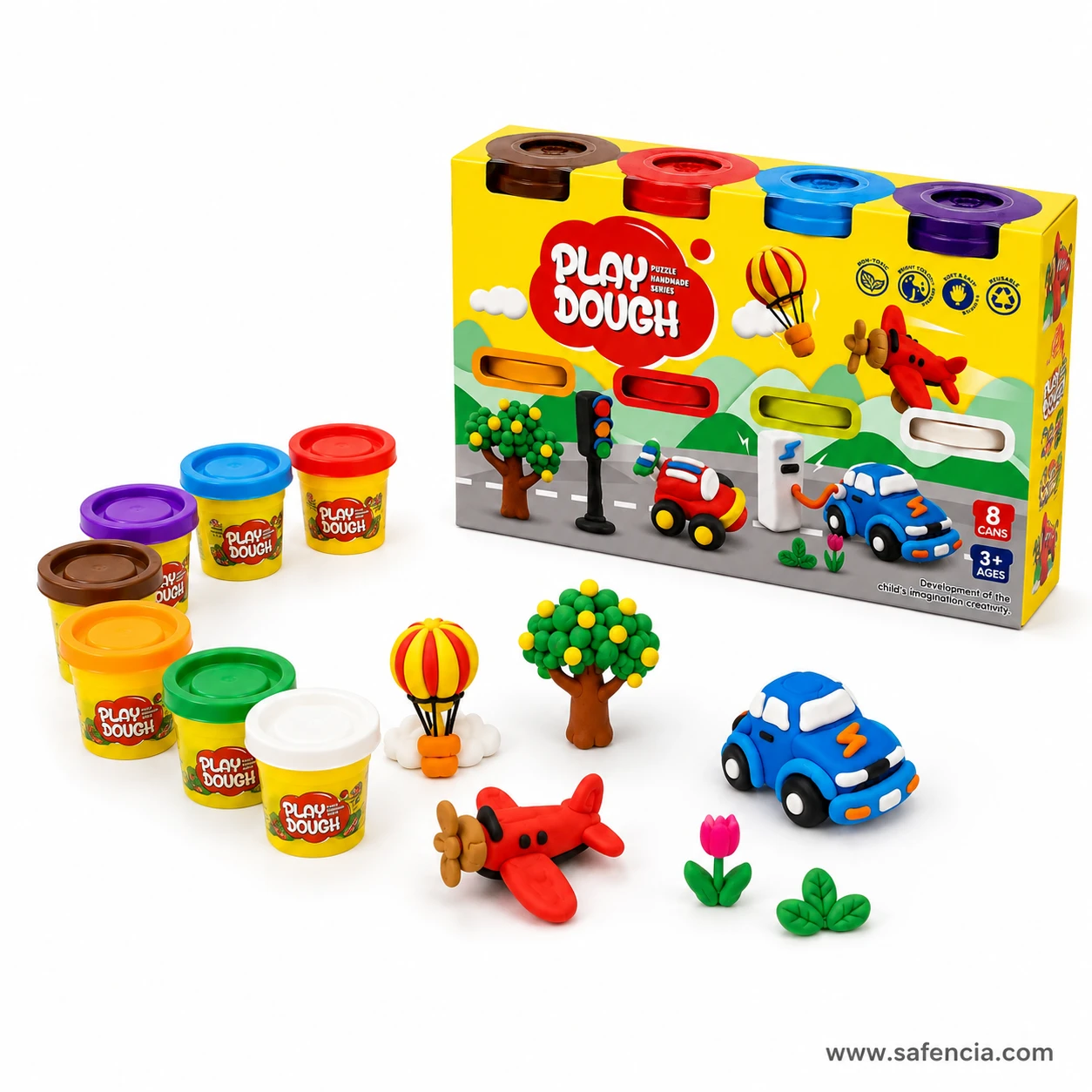 Stacked play dough tubs beside the printed carton with modelled tree, balloon, car and aeroplane