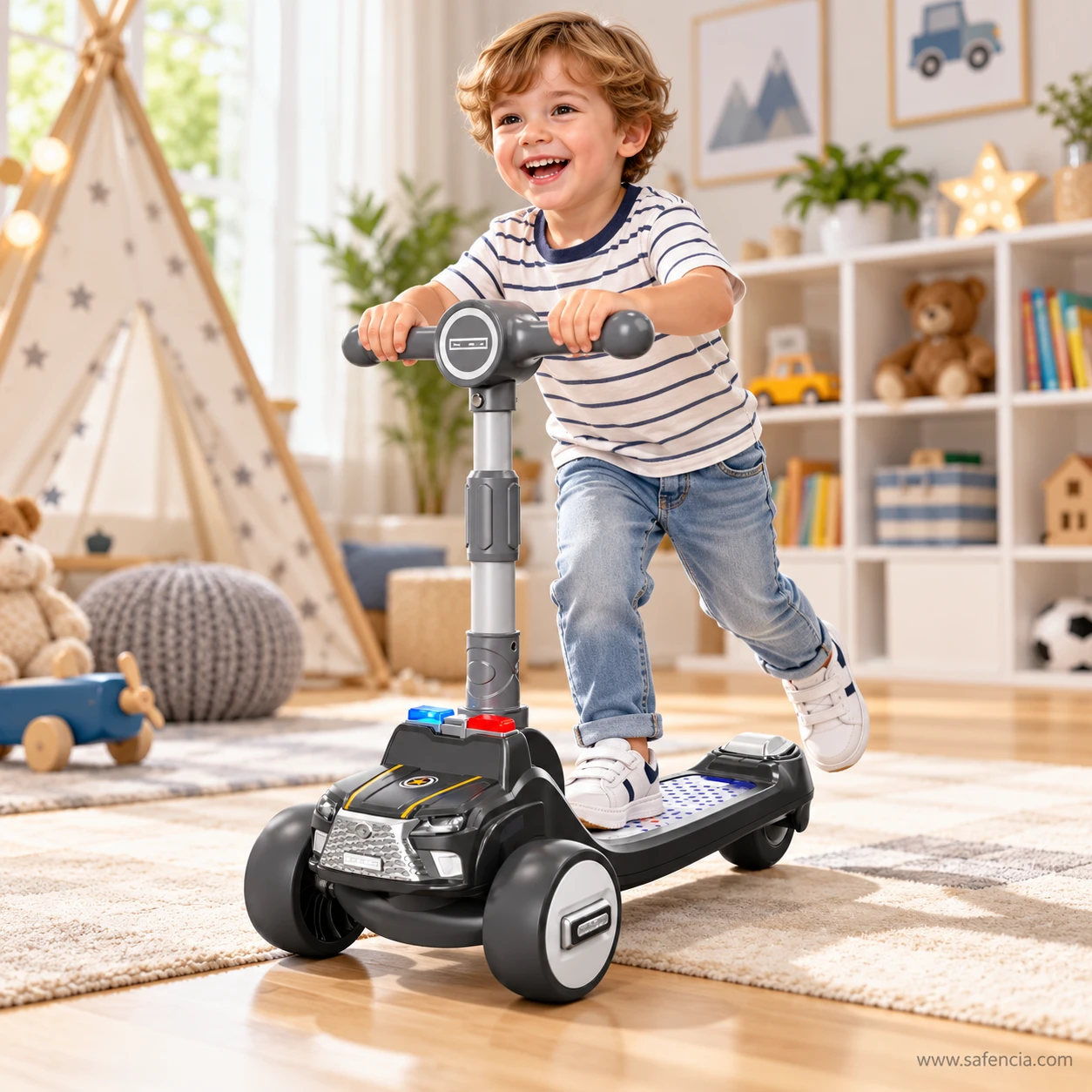 Smiling boy riding the black police car kids scooty through a playroom