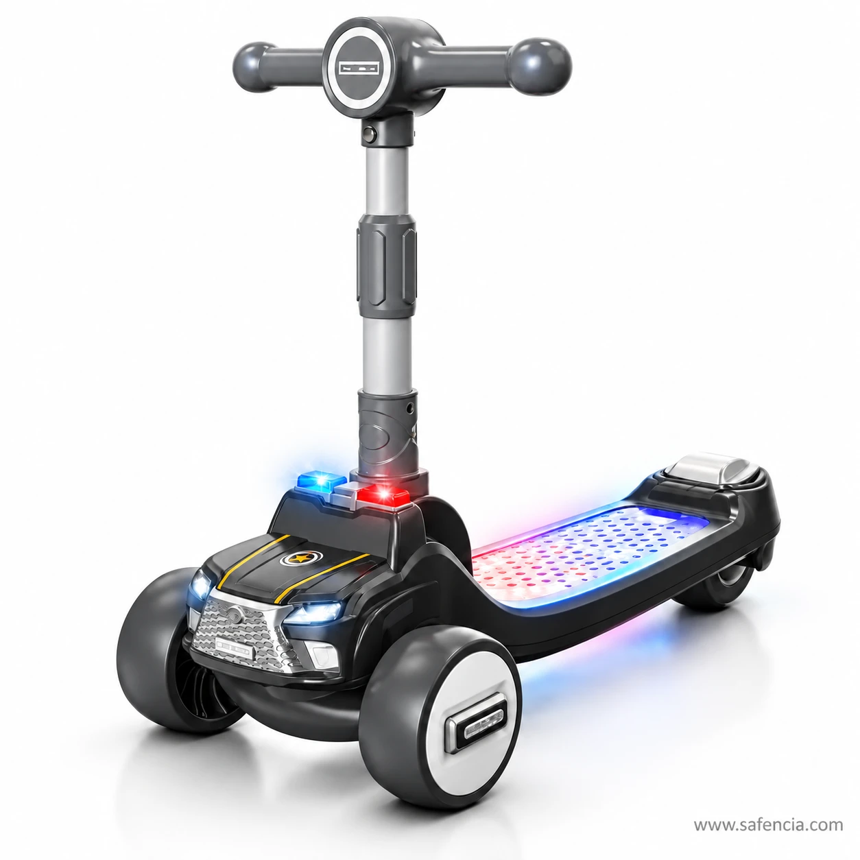 Police car kids scooty with its headlights and red and blue roof lights shining