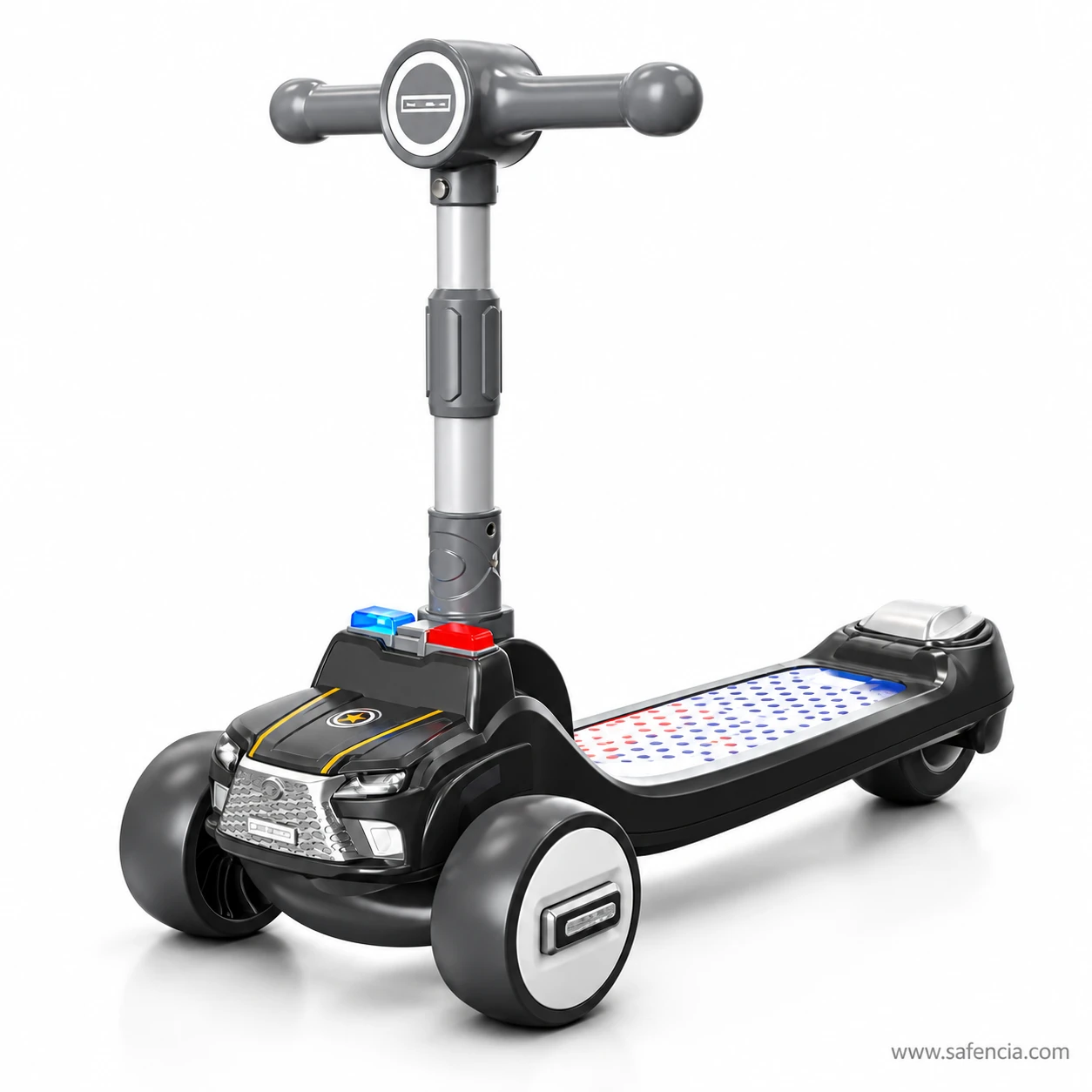 Side view of the police car kids scooty showing the white dotted deck and wide front wheels