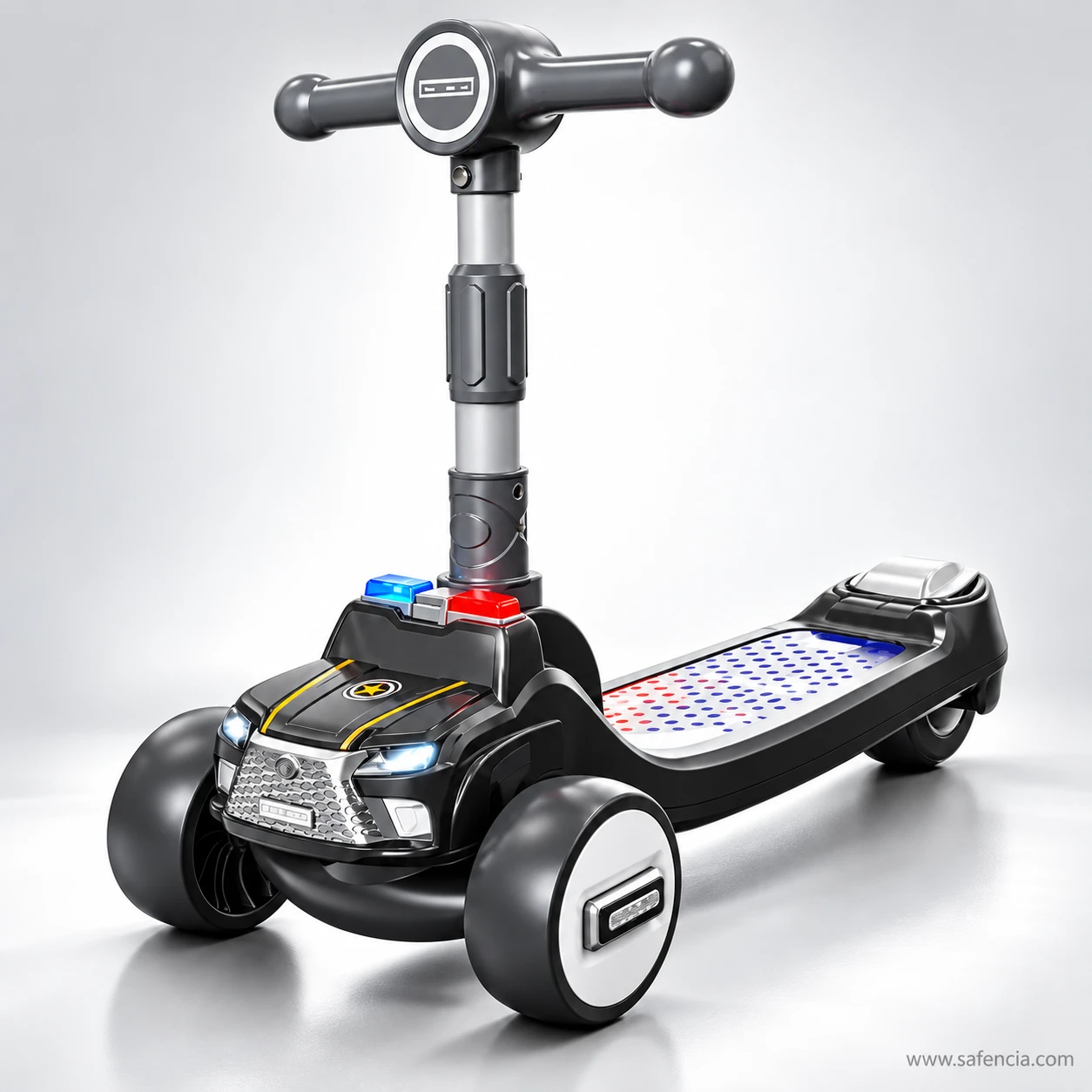 Police car kids scooty on a grey studio background showing the grille, headlights and hubcaps