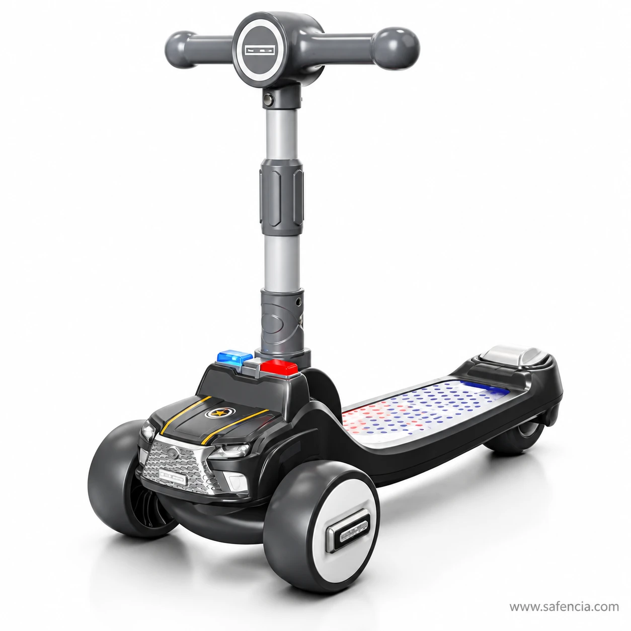 Black police car kids scooty at three-quarter angle with the red and blue light bar and star badge