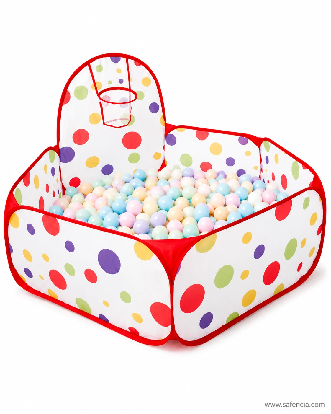 Six-sided polka dot ball pit tent filled with pastel play balls and a red trimmed backboard