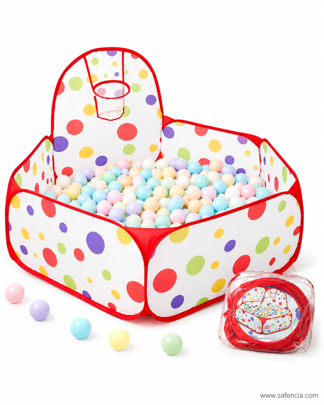 Pop-up polka dot ball pit tent for kids with hoop, play balls and packed carry bag on white