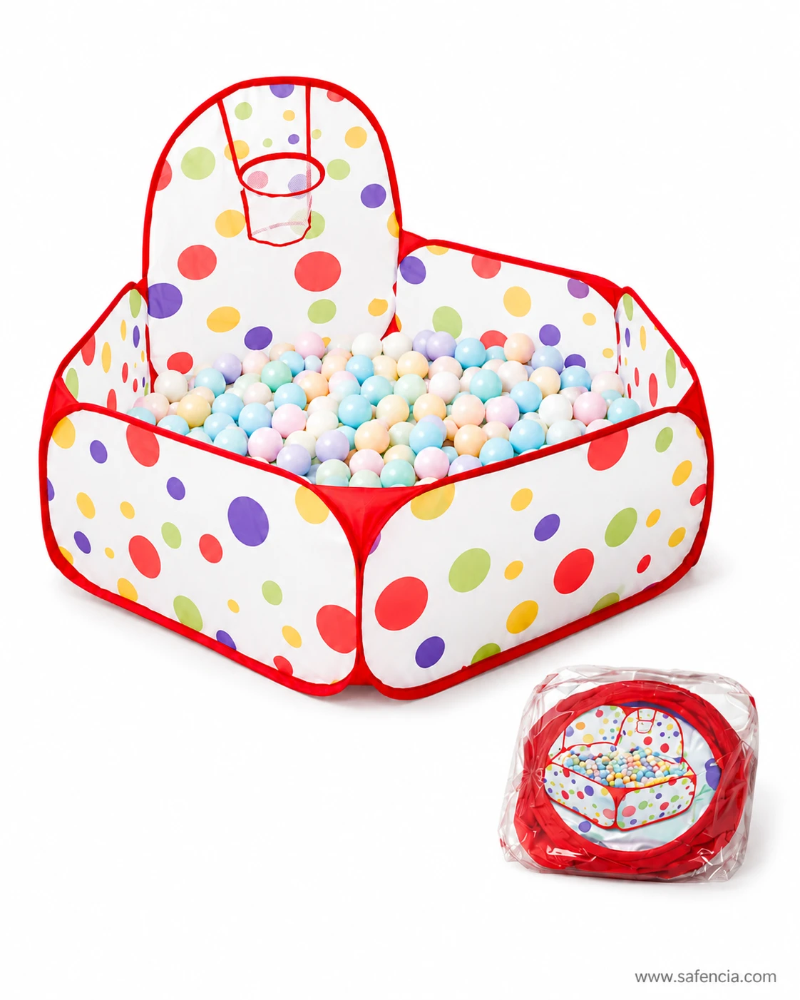 Close view of the polka dot ball pit tent backboard, mesh basketball net and low six-sided walls