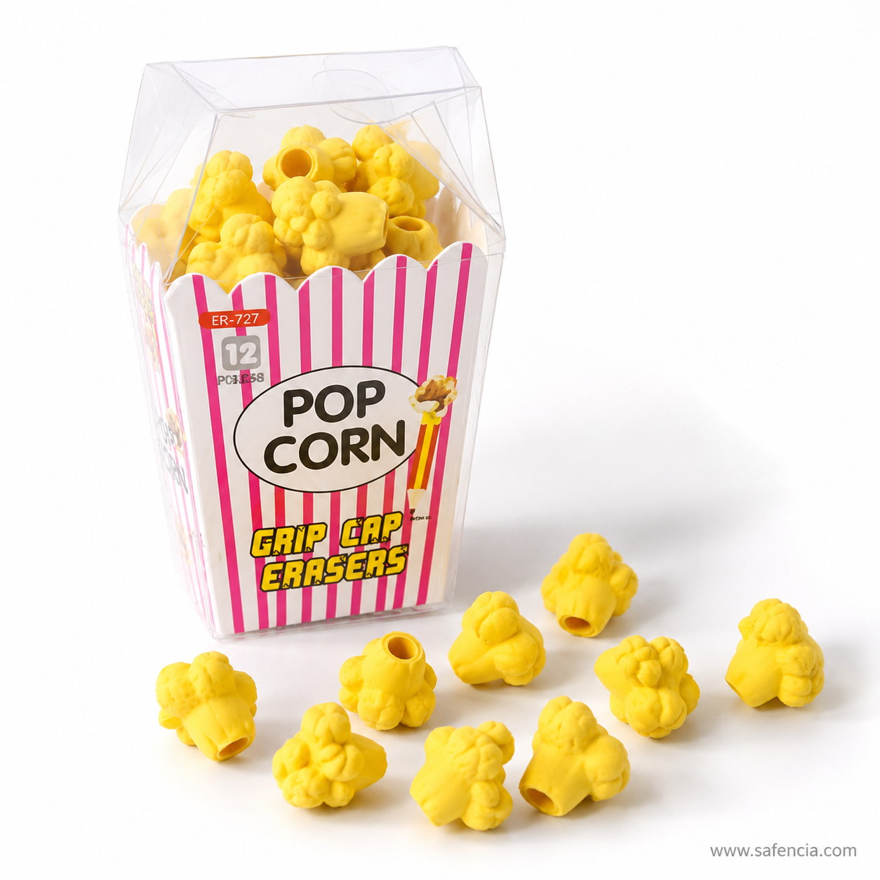 Popcorn eraser box standing upright with clear lid and ER-727 printing, with nine kernel erasers arranged in front