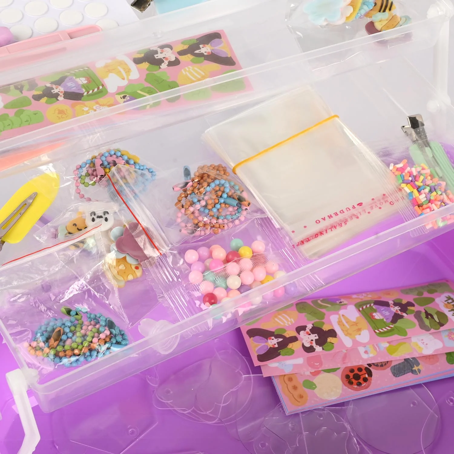 Portable Jewellery Making & Craft Kit open view - beads, charms, cord and decorative cream