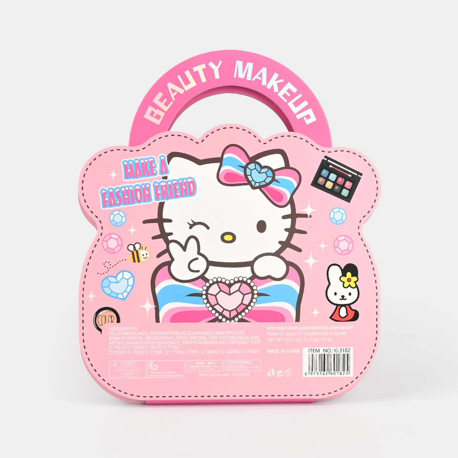 Portable Makeup Bag for Girls box view - cute cat design with heart mirror