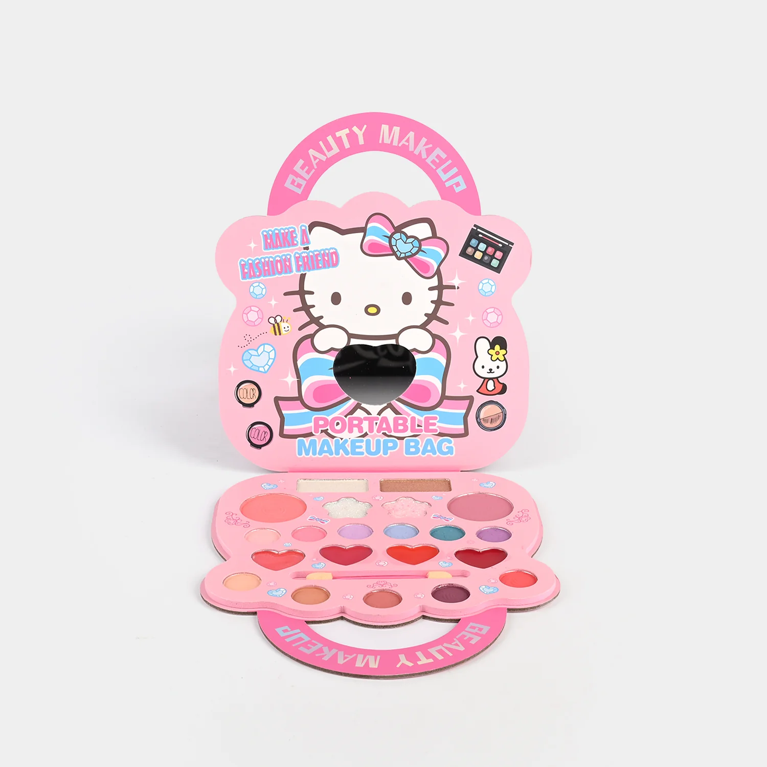 Portable Makeup Bag for Girls open view - eyeshadows, heart lip colours and blushes