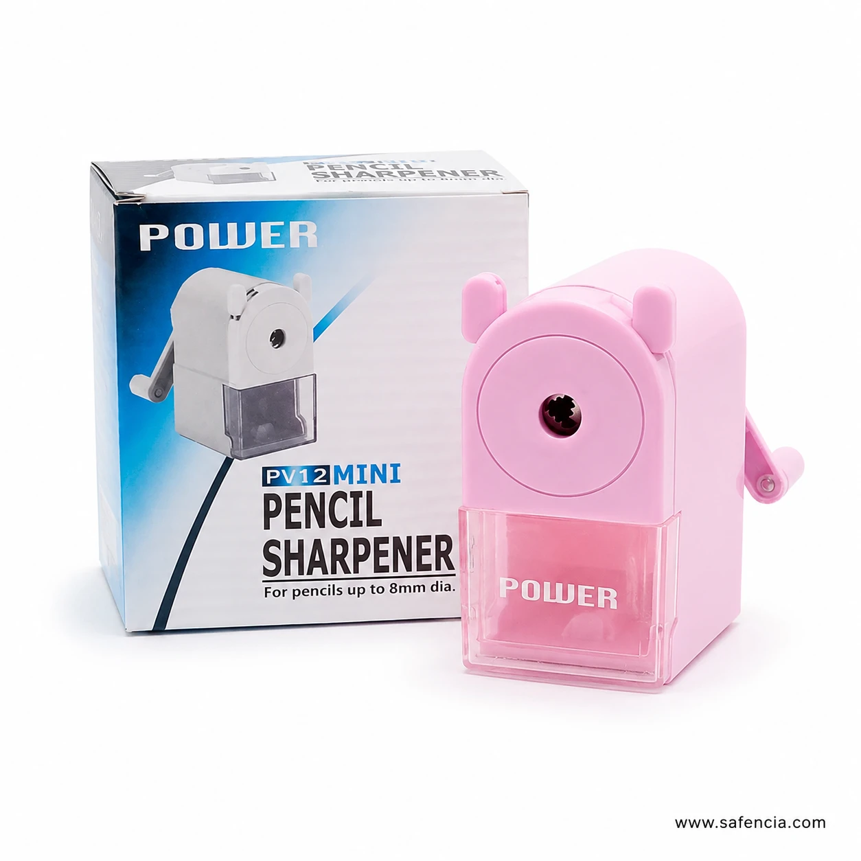 Pink PW12 manual pencil sharpener angled view with matching side crank and clear shavings box