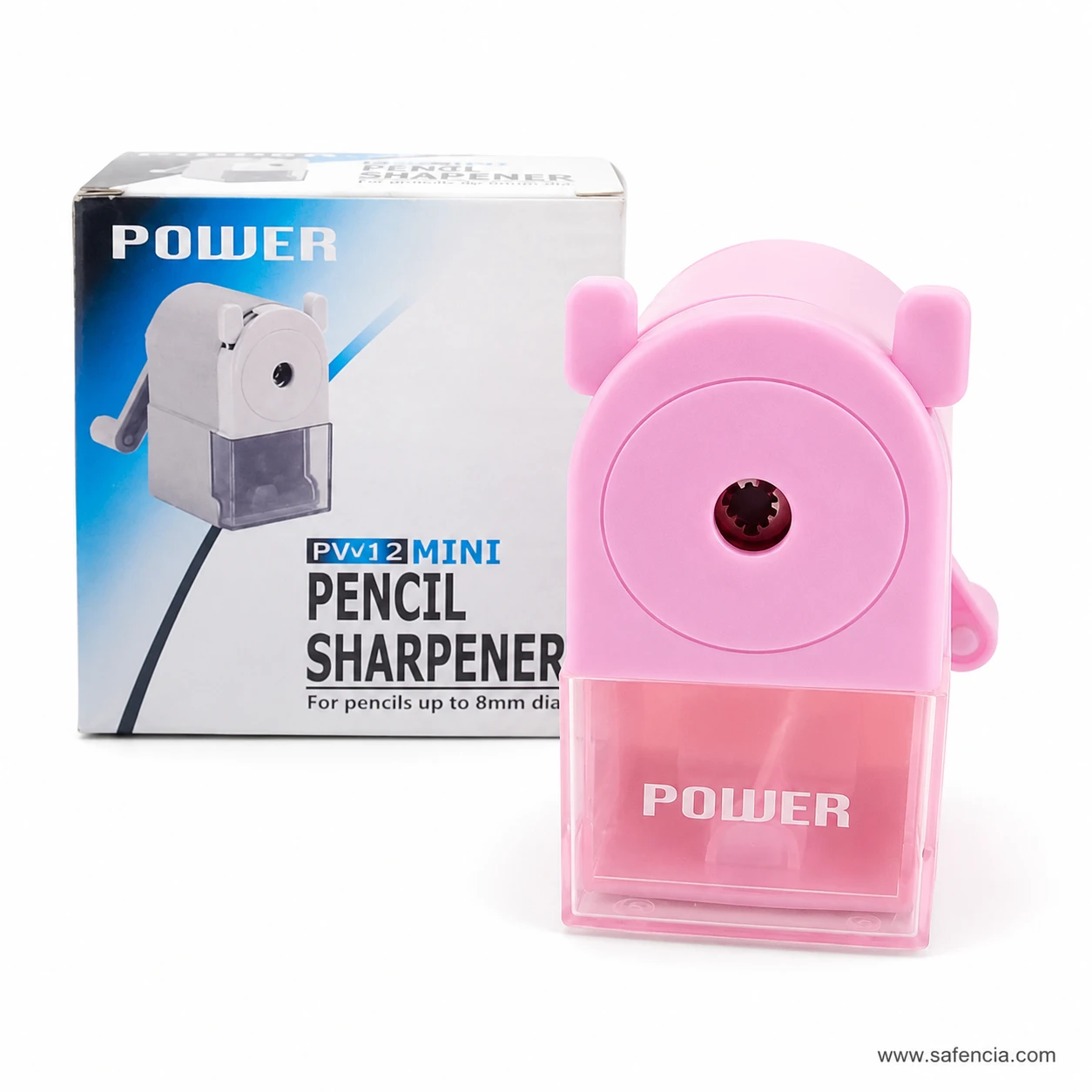 Power Pencil Sharpener PW12 close front view with single opening and transparent pink compartment