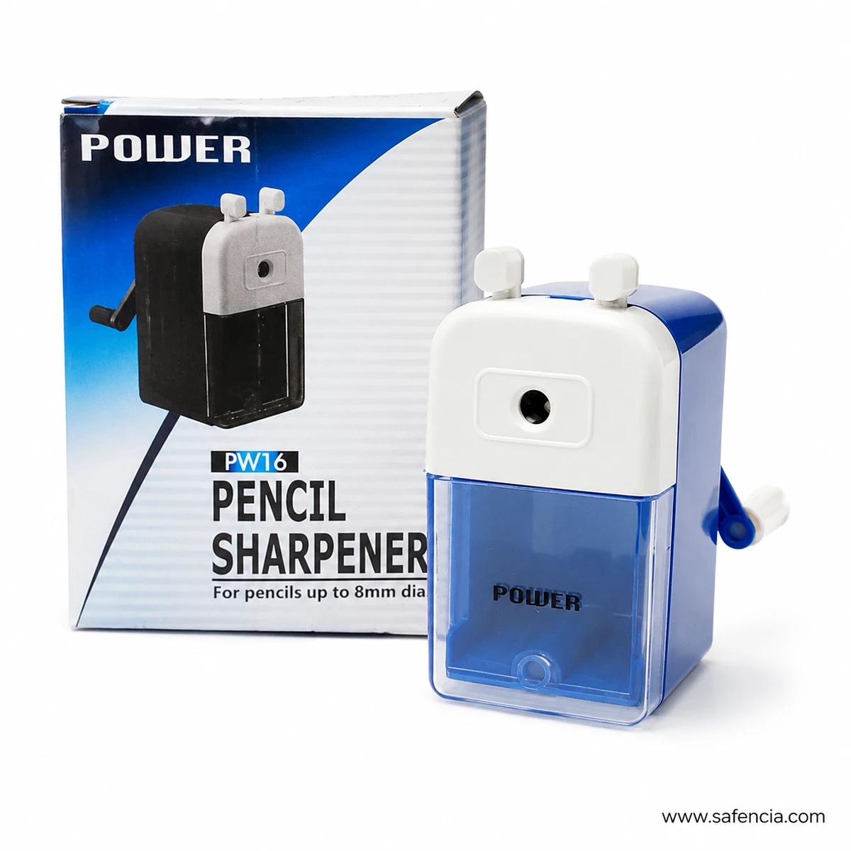 Power Pencil Sharpener PW16 angled view showing the blue side turning handle and front opening