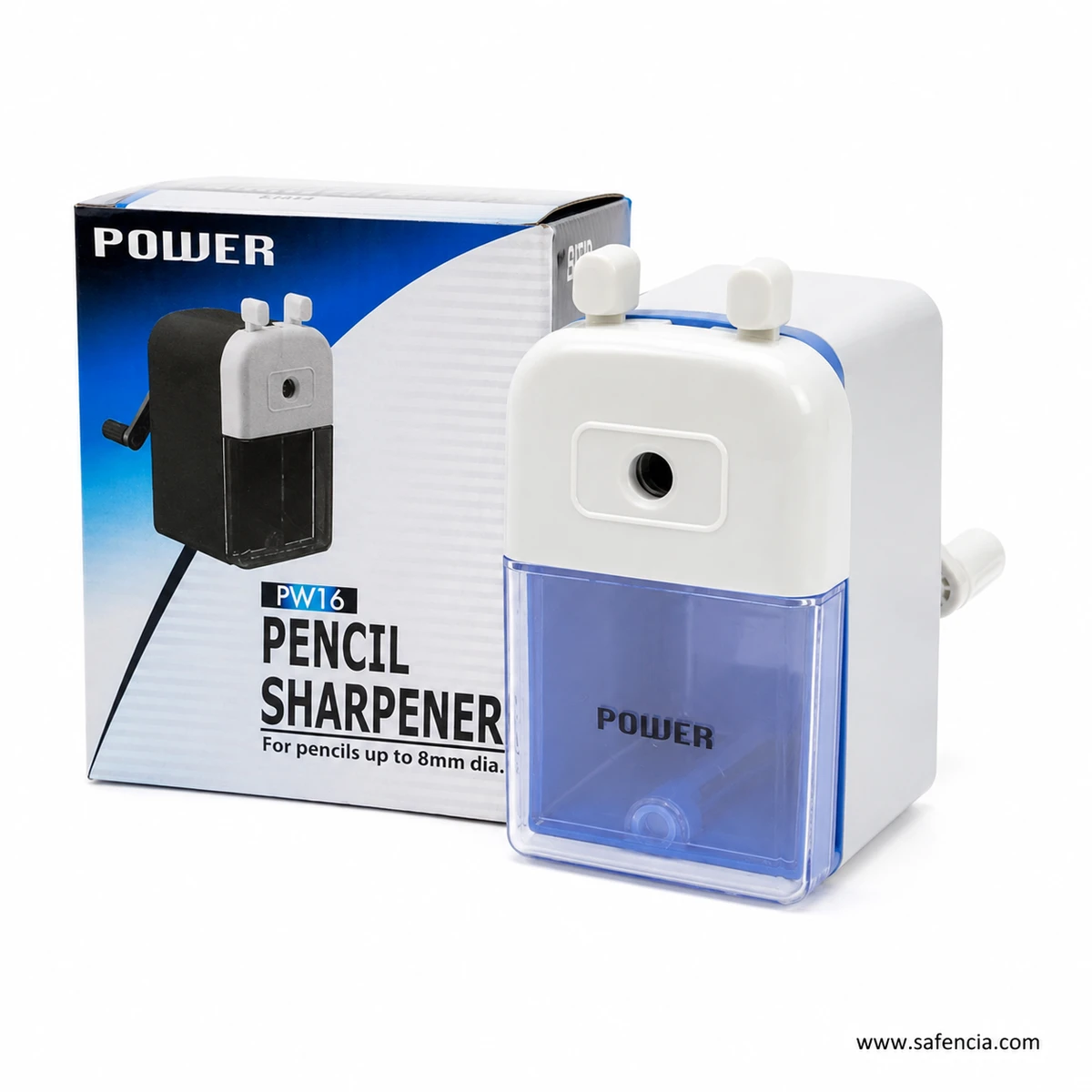 White and blue PW16 pencil sharpener close view with transparent blue front shavings compartment