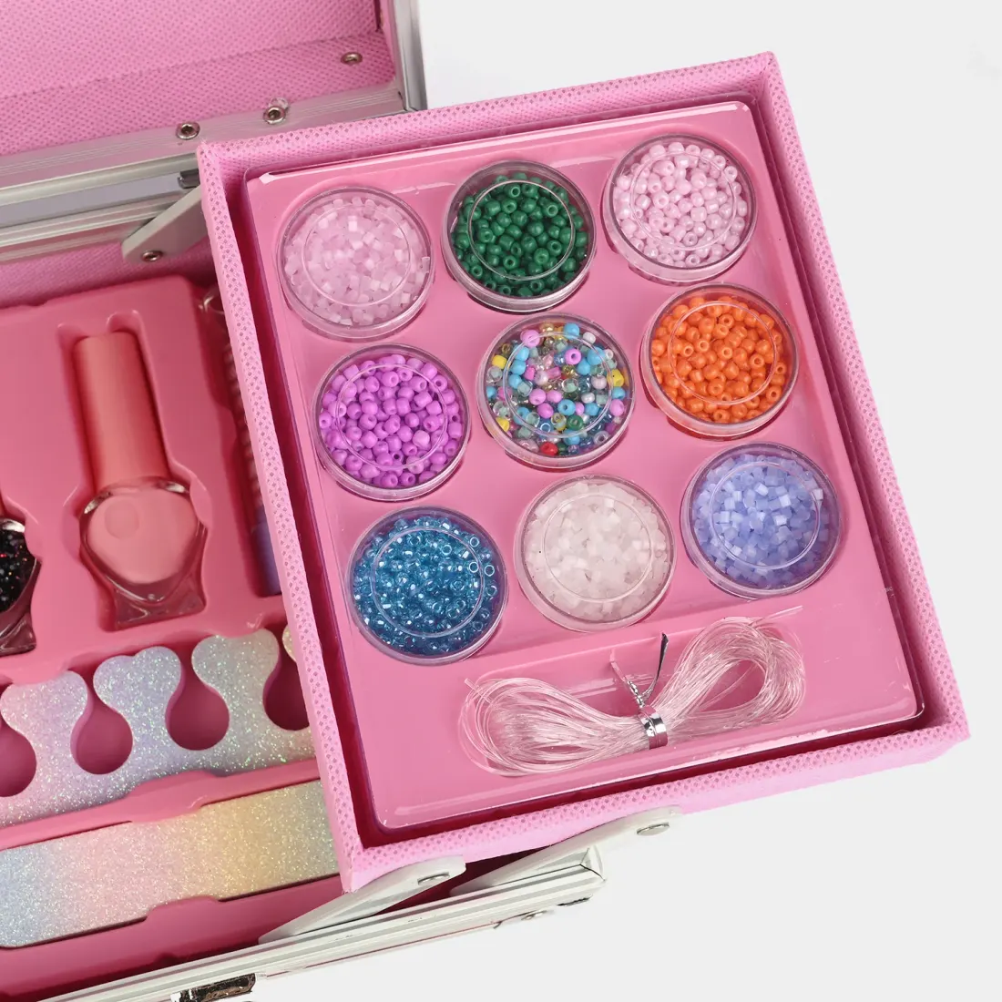 Premium Aluminium Vanity Makeup Case detail view - heart eyeshadows and trays