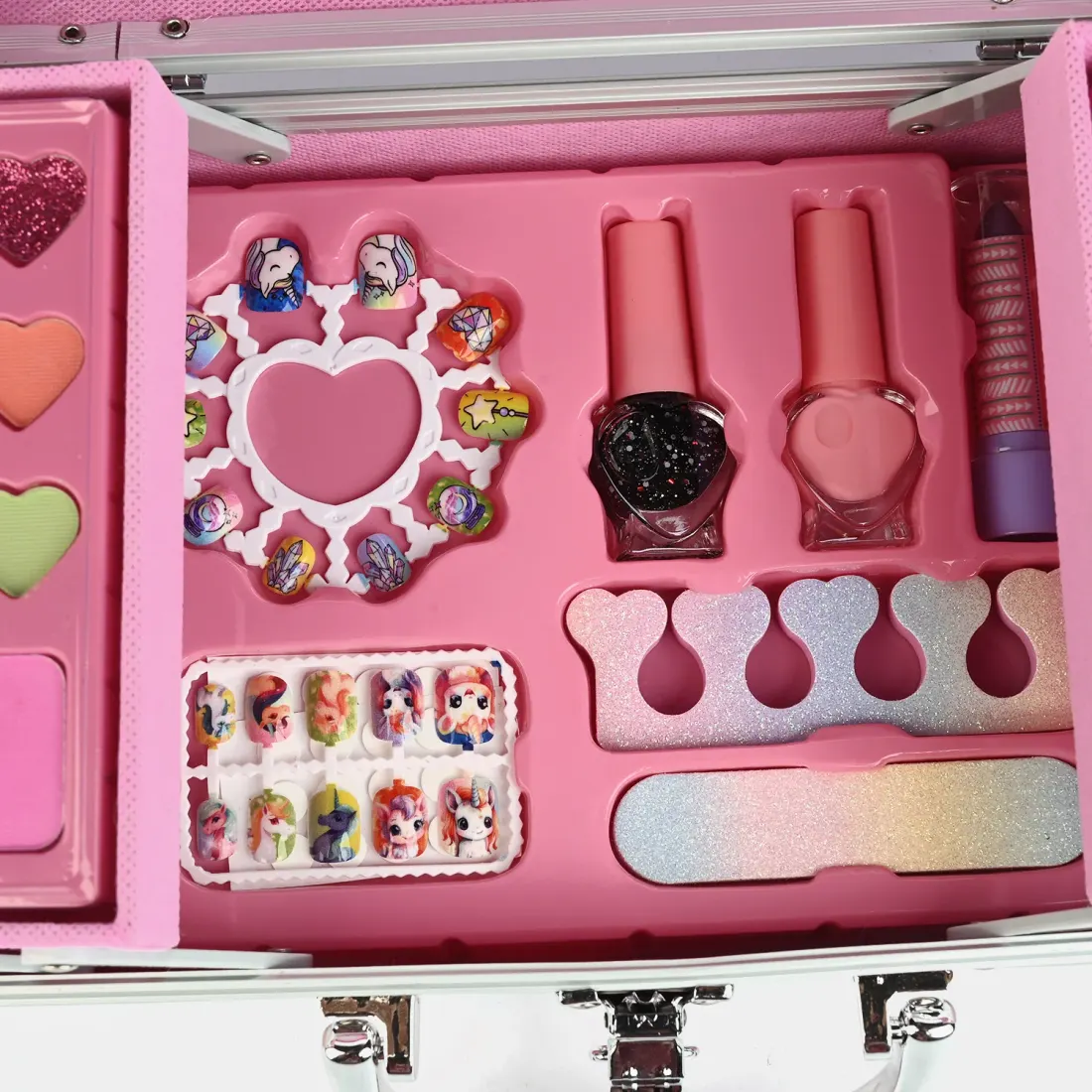 Premium Aluminium Vanity Makeup Case open view - eyeshadows, blushes, lip palettes, lashes and glitter