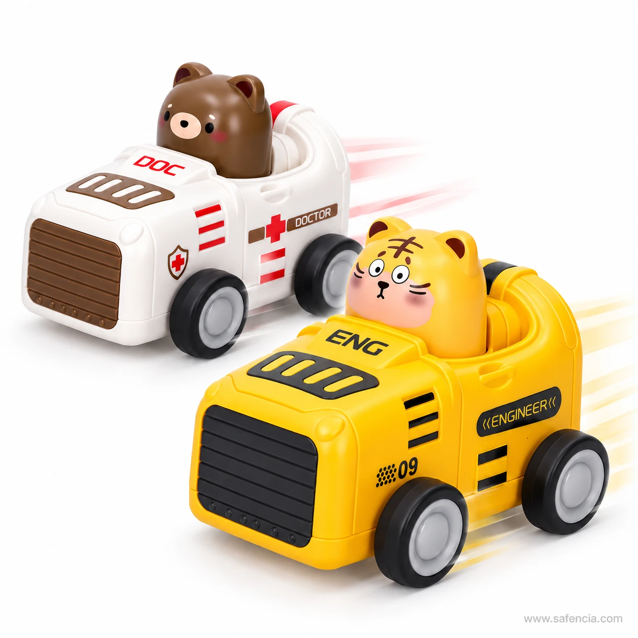 White doctor bear car and yellow engineer tiger car racing forward with speed lines behind them after being pressed