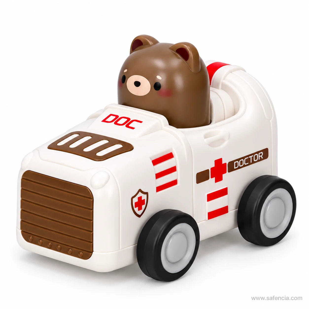 White press and go doctor car toy with a brown bear driver, DOC on the bonnet, a red cross and DOCTOR printed on the side