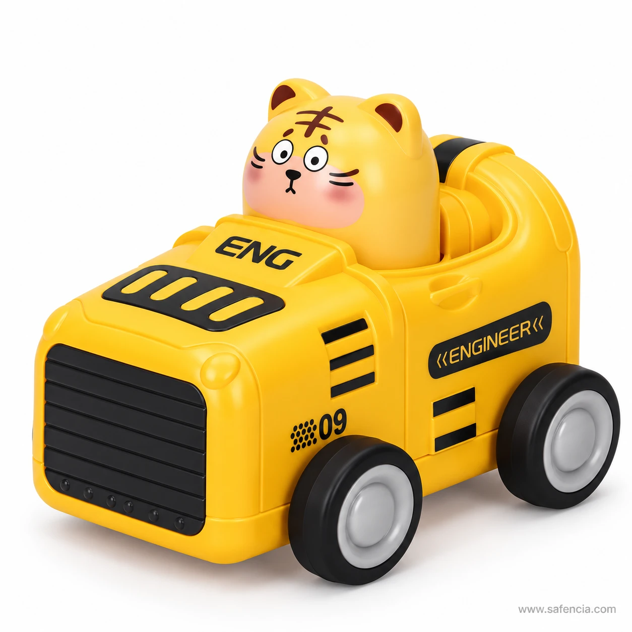 Yellow press and go engineer car toy with a tiger driver, ENG on the bonnet, an ENGINEER panel and the number 09