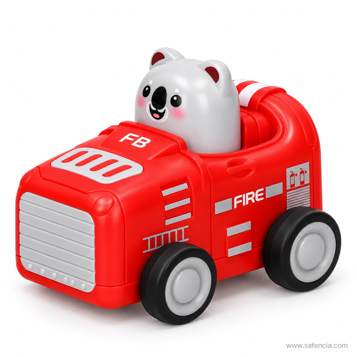Red press and go fire car toy with a grey koala driver, FB on the bonnet, FIRE on the side and a ladder printed low on the door