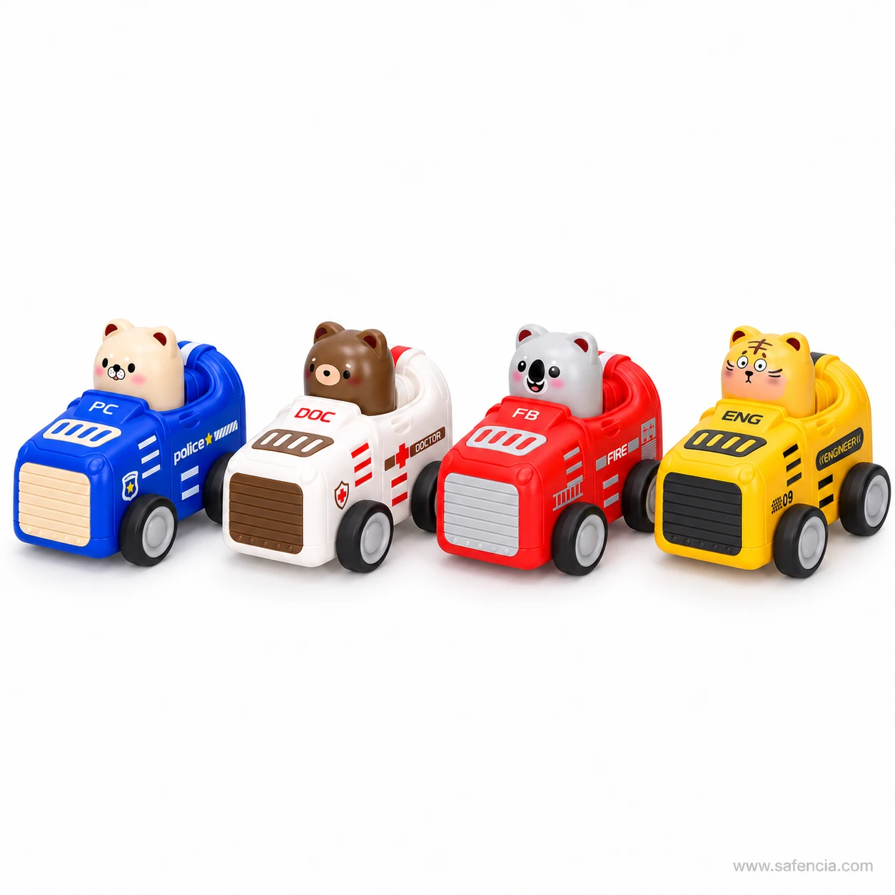Police bear, doctor bear, fire koala and engineer tiger press and go cars lined up in a row from blue to yellow