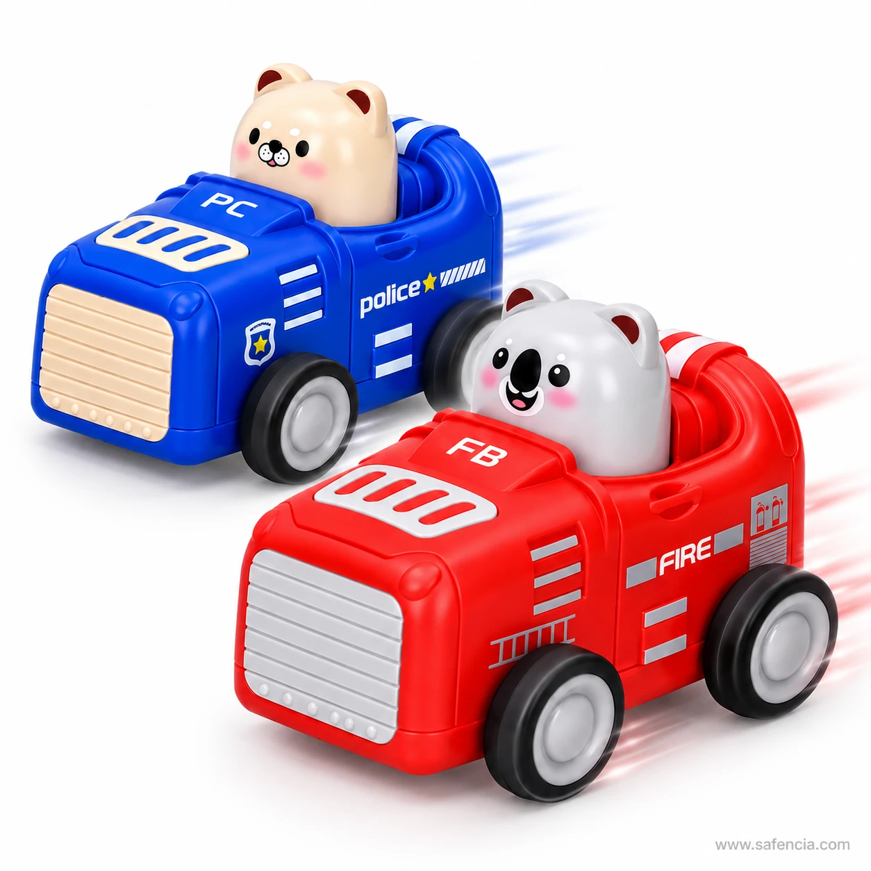 Blue police bear car and red fire koala car racing forward with speed lines behind them after being pressed