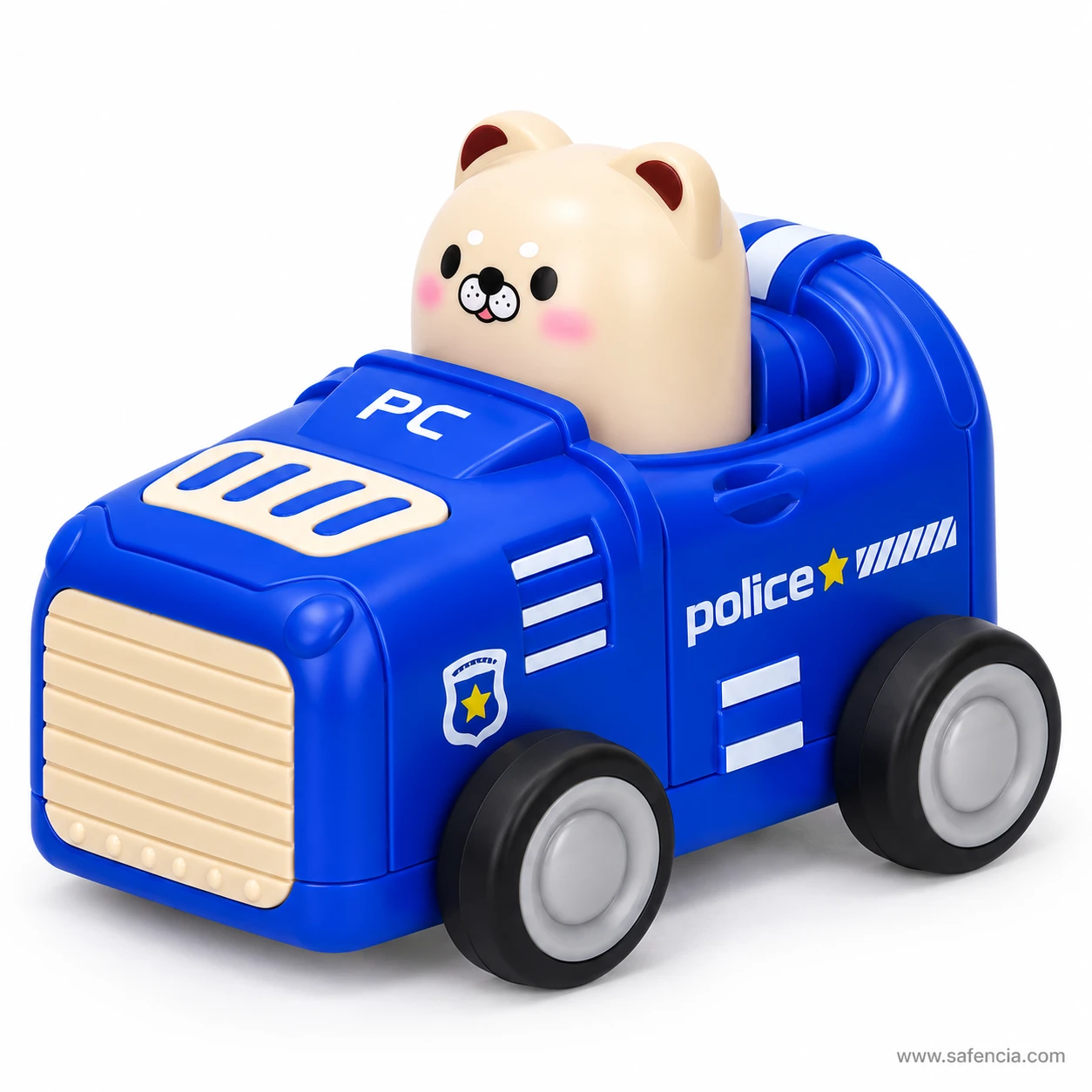 Blue press and go police car toy with a cream bear driver, PC on the bonnet, police lettering and a star badge on the side