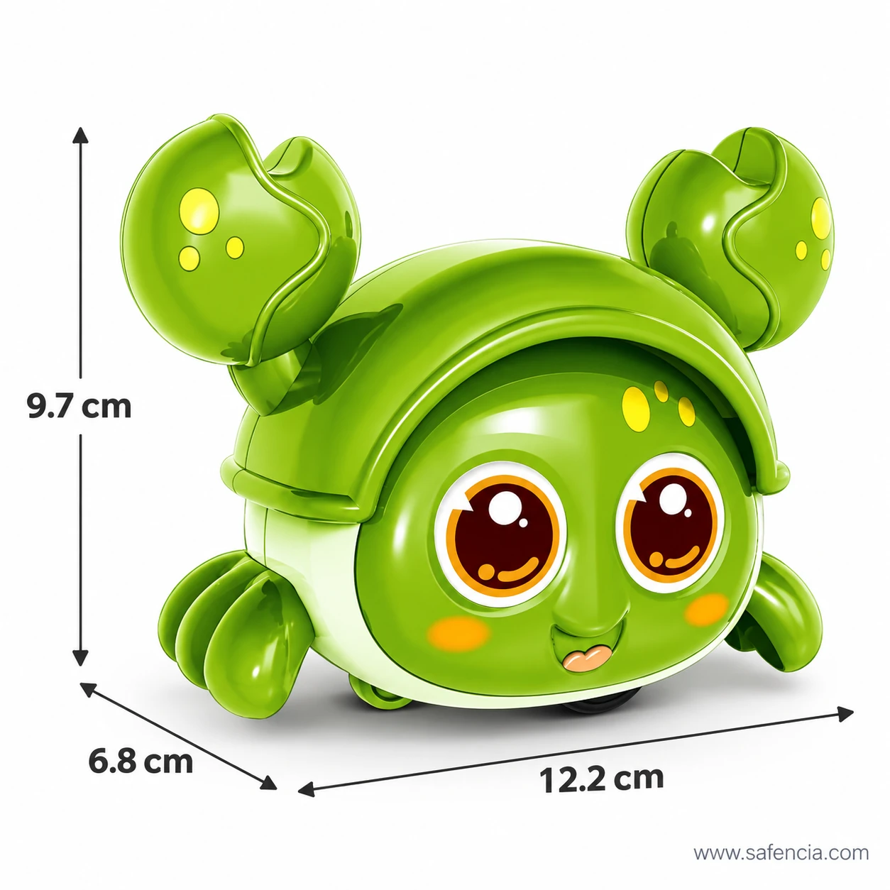 Green crab toy measured at 12.2 cm across the claws, 9.7 cm tall and 6.8 cm from front to back