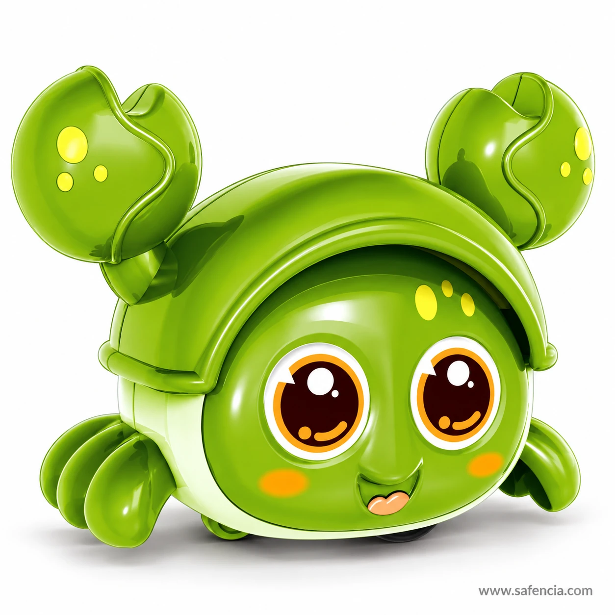 Green press and go crab toy with raised claws, curled legs, big brown eyes and orange cheeks