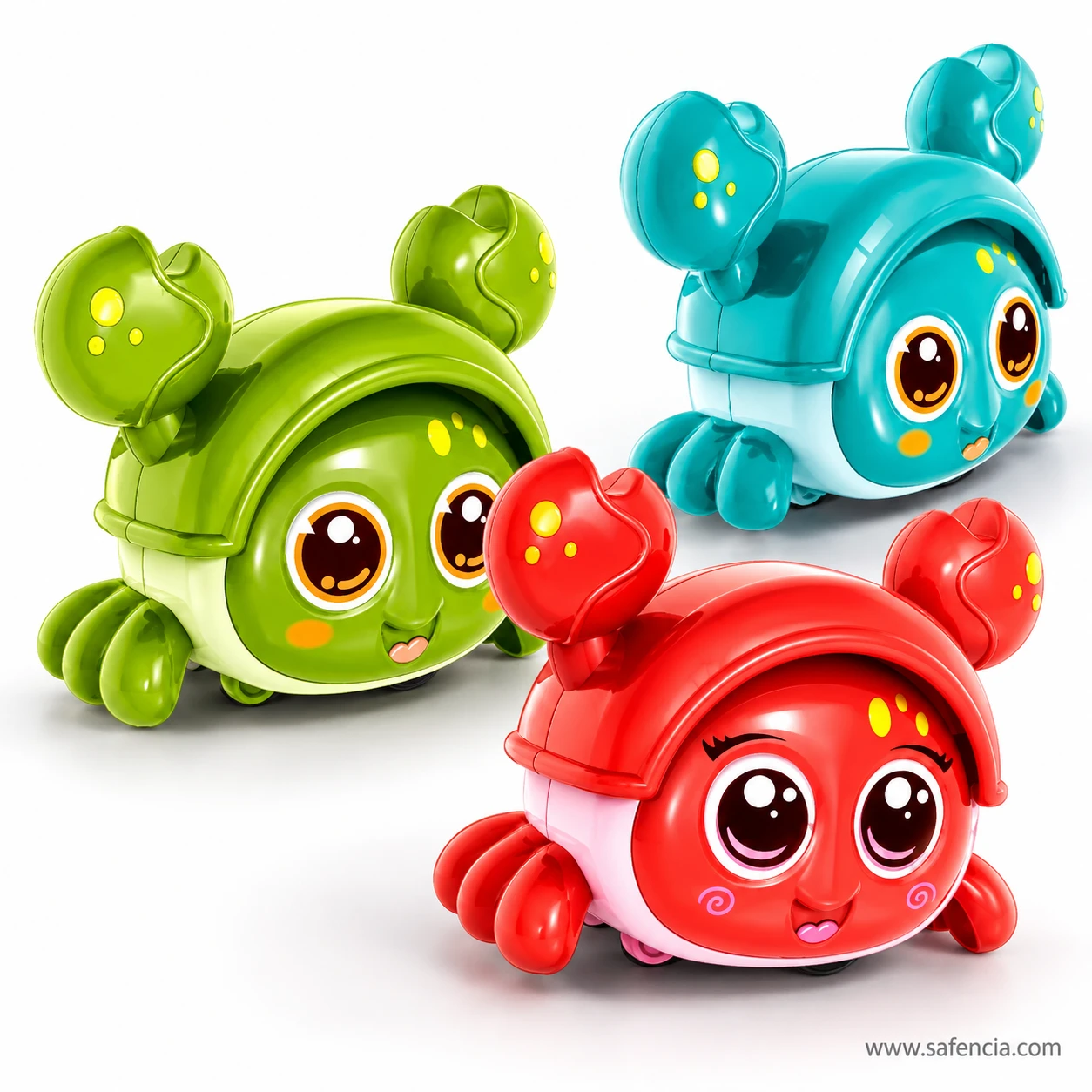 Green, teal and red press and go crab toys grouped together, showing their matching shapes and different colours