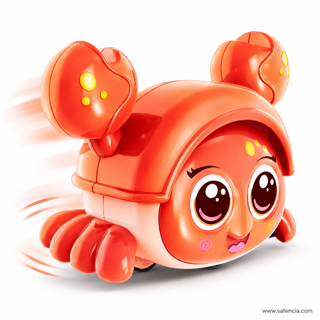 Orange press and go crab toy scooting forward with speed lines behind it after its shell was pressed