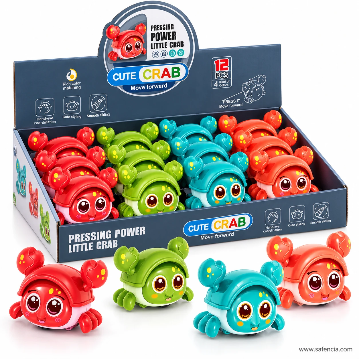 Pressing Power Little Crab display box of 12 crabs in red, green, teal and orange, printed Press it, Move forward