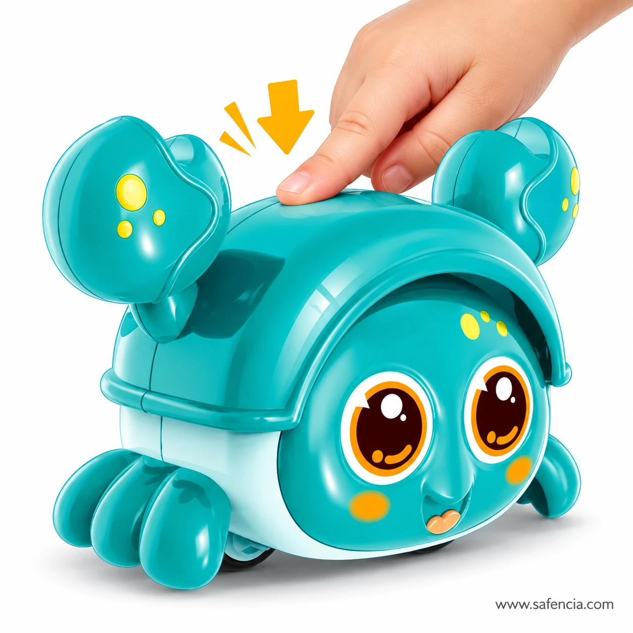 Child's finger pressing down on the shell of the teal crab toy, with an arrow showing the press that sends it forward