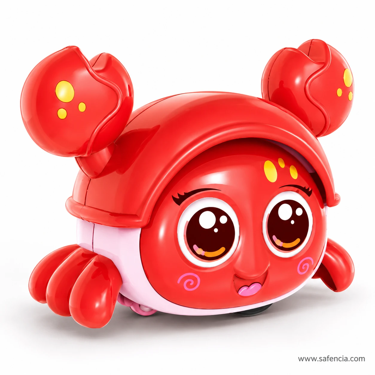 Red press and go crab toy with raised claws, yellow spots, big brown eyes and a pink swirl on each cheek