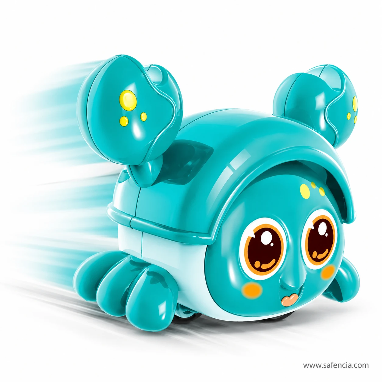 Teal press and go crab toy scooting forward with blue speed lines behind it, claws raised and eyes wide