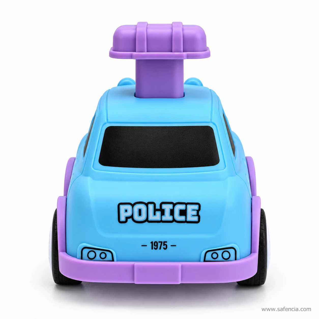 Back of the sky blue police car toy printed POLICE and 1975 above a purple bumper with two tail lights