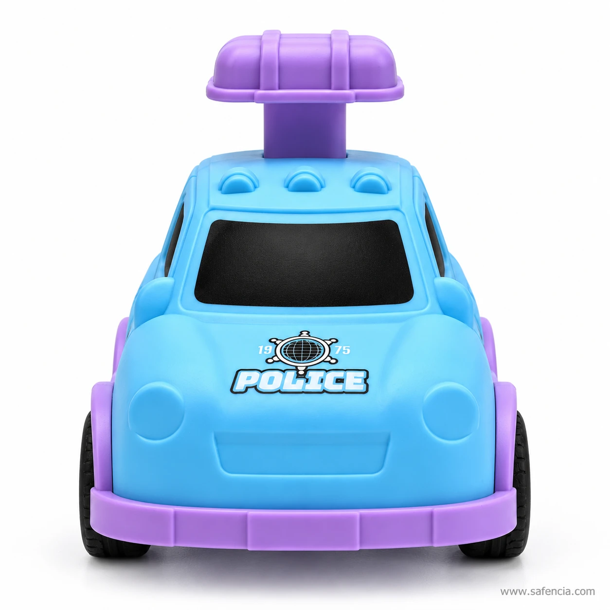 Front of the sky blue police car toy with a 1975 globe badge above POLICE and the big purple roof light on top