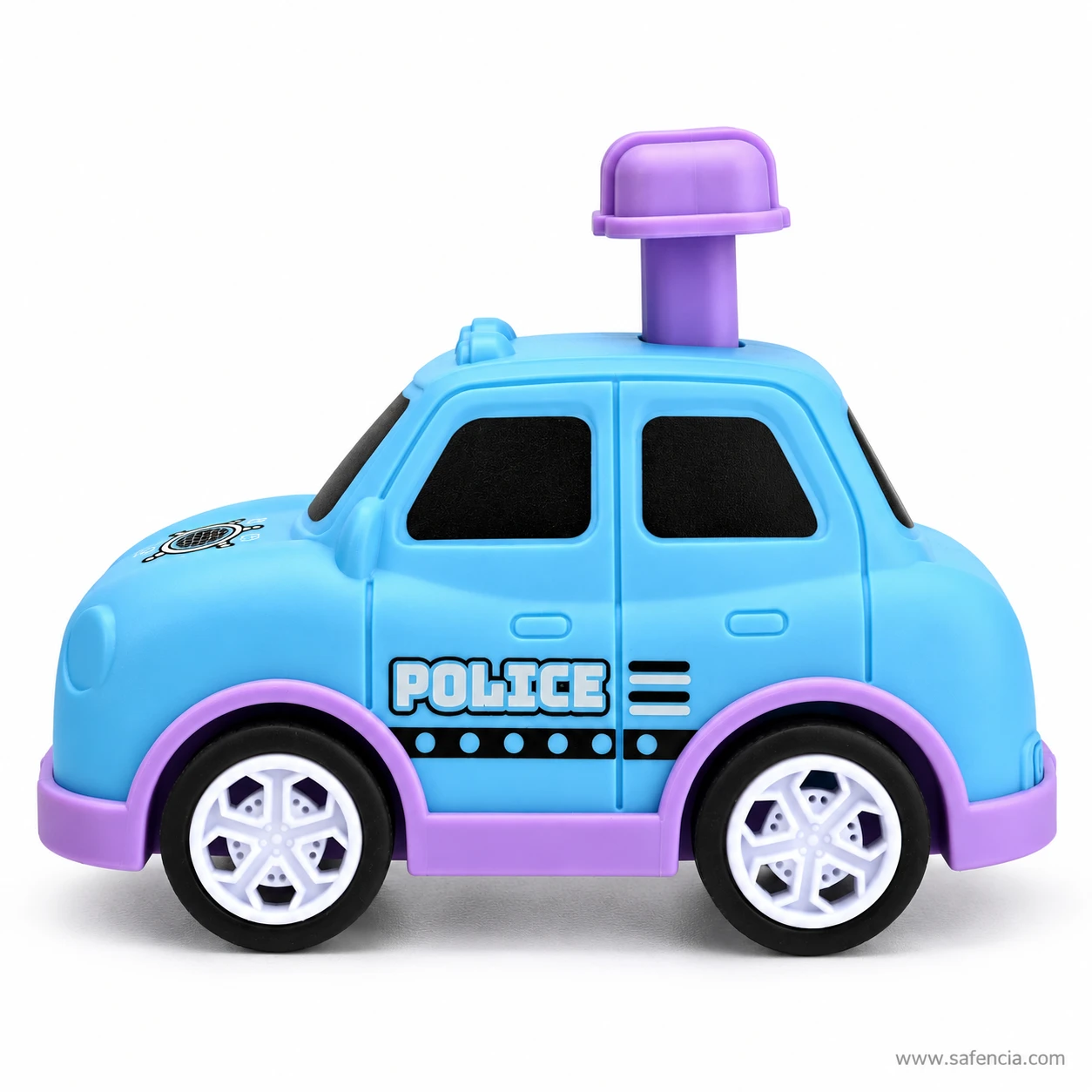 Sky blue press and go police car toy from the side, with a purple base, purple roof light, POLICE on the door and white wheels